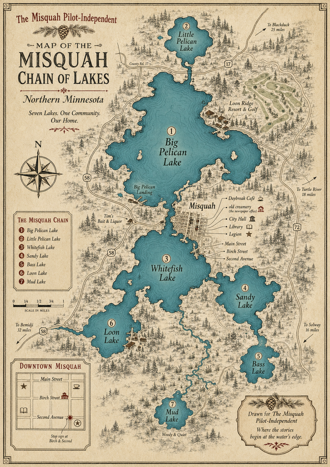 Antique-style Chain of Lakes map