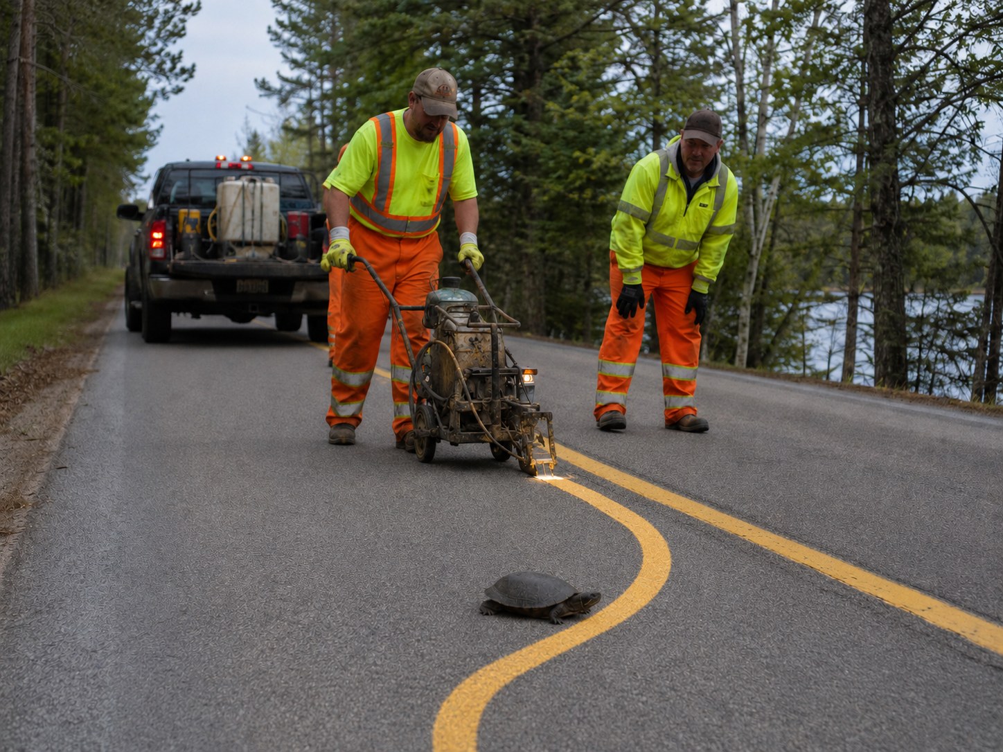 Road Crew Paints Center Line Around Turtle photo