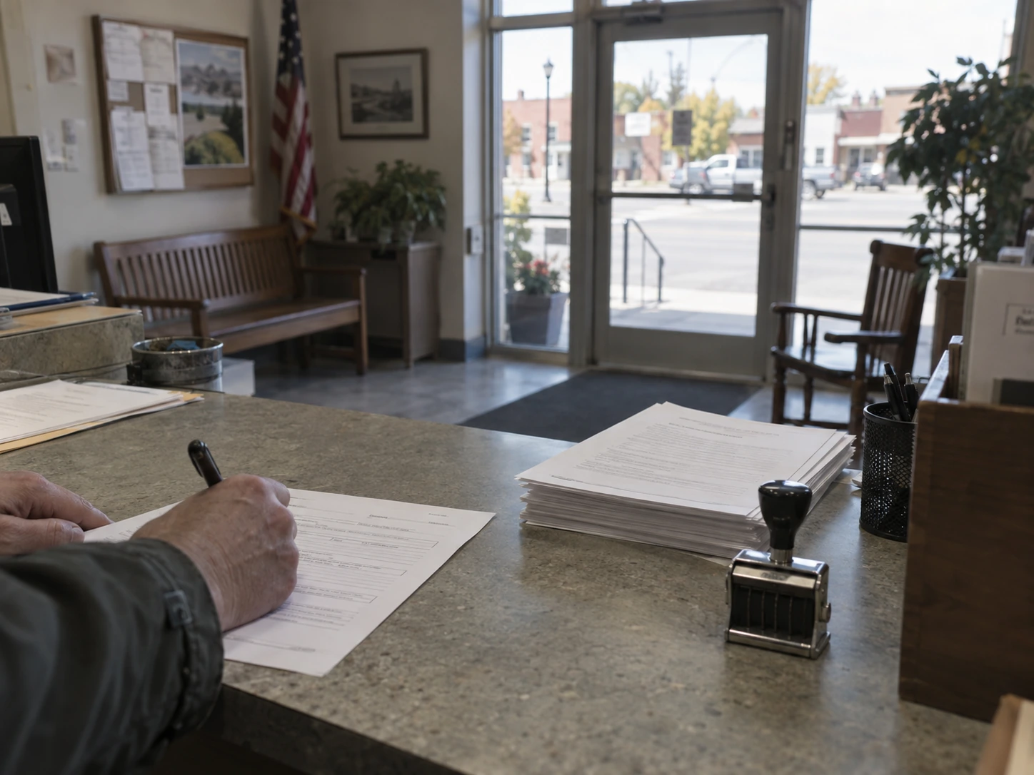 Absentee-voting paperwork and a date stamp on the City Hall counter.