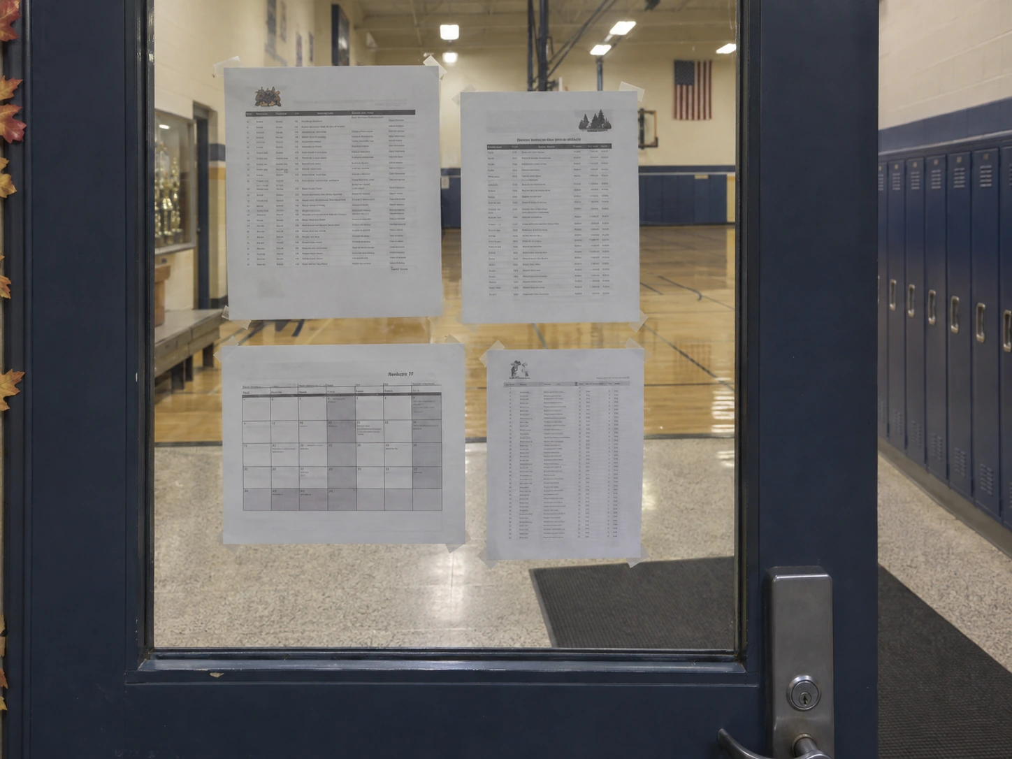 Fall sports schedules and results posted on a Lakeside gym door.