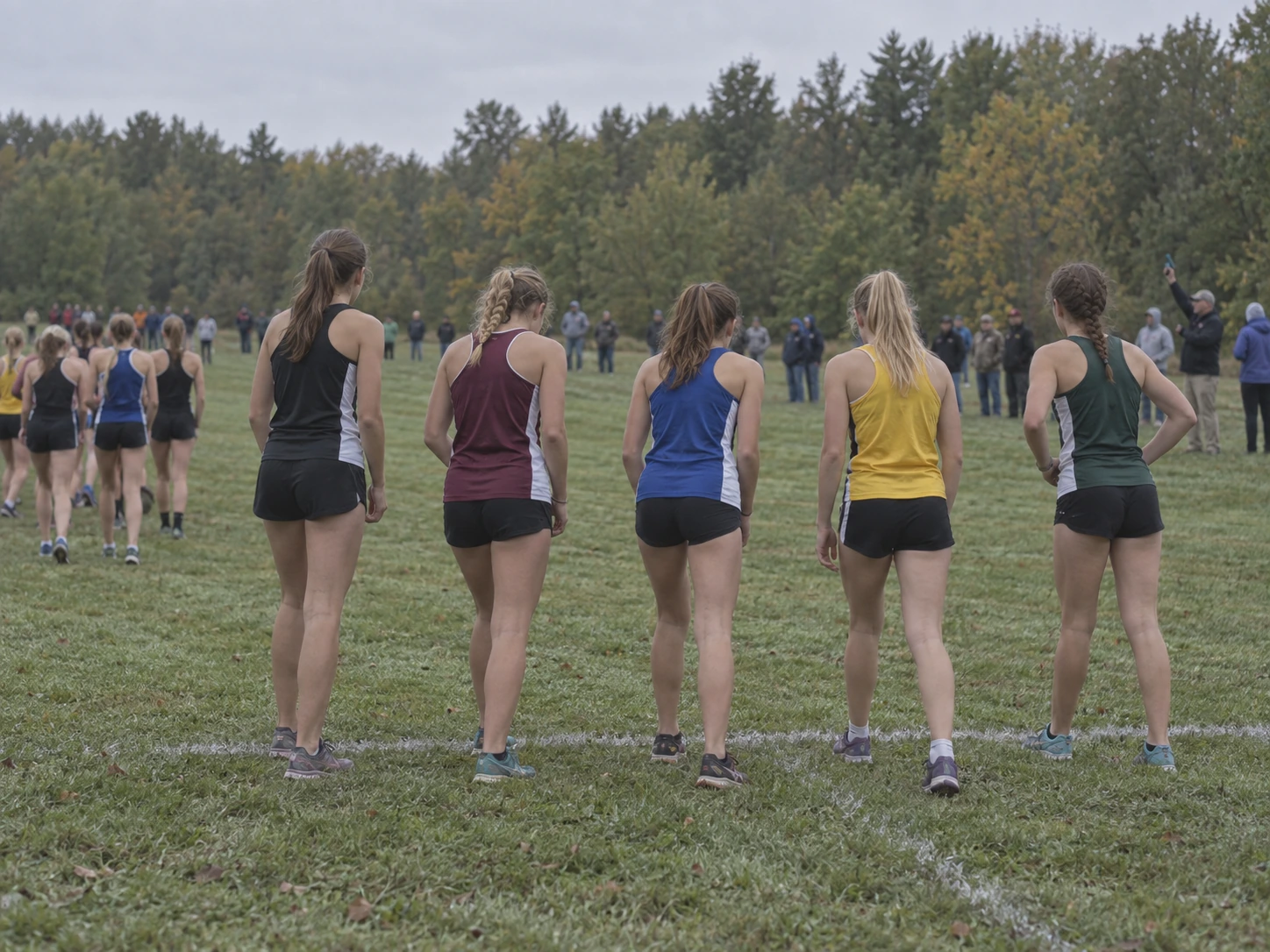 Five Pike girls wait on the starting line at the home cross-country meet.