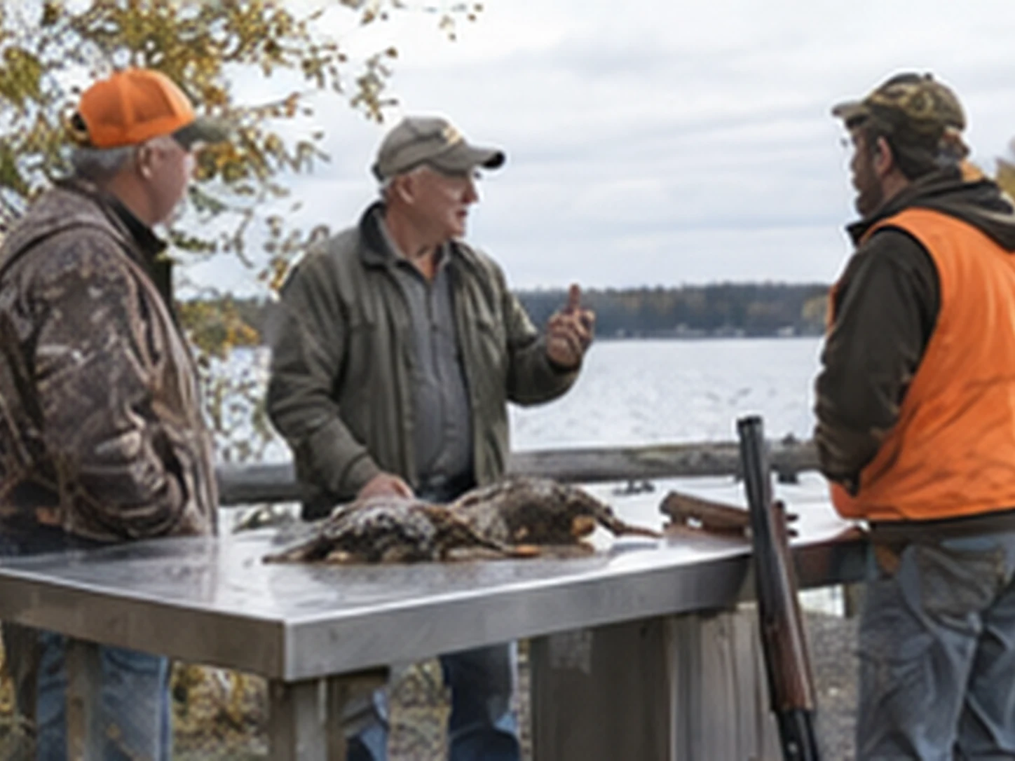 Grouse hunters at the public landing cleaning station