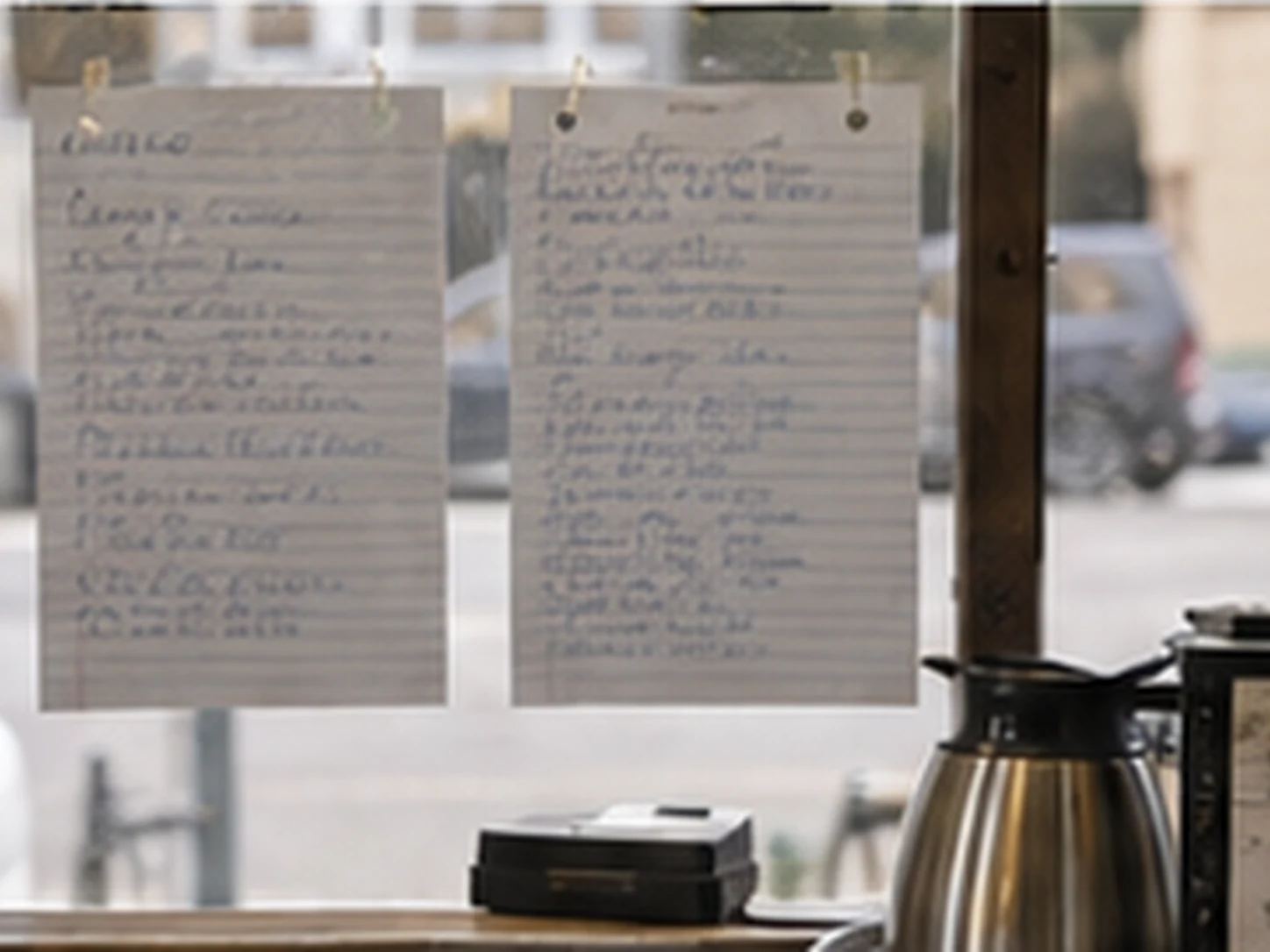 Two handwritten grouse sheets taped to the Daybreak window