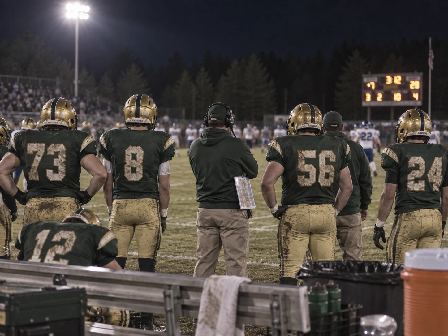 Pike players in green and gold watch from the sideline during the Sandstone game.