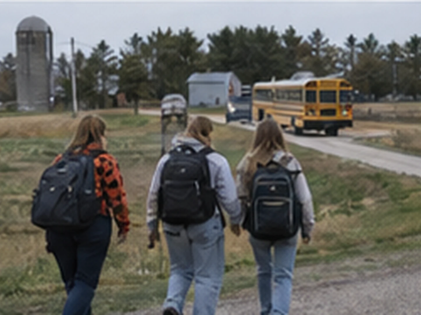 Students walking toward school as a bus arrives