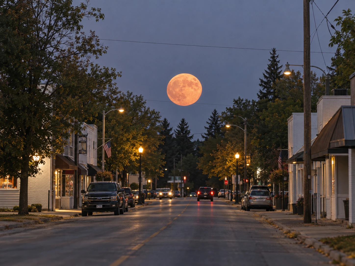 The harvest moon rises over Main Street in Misquah.