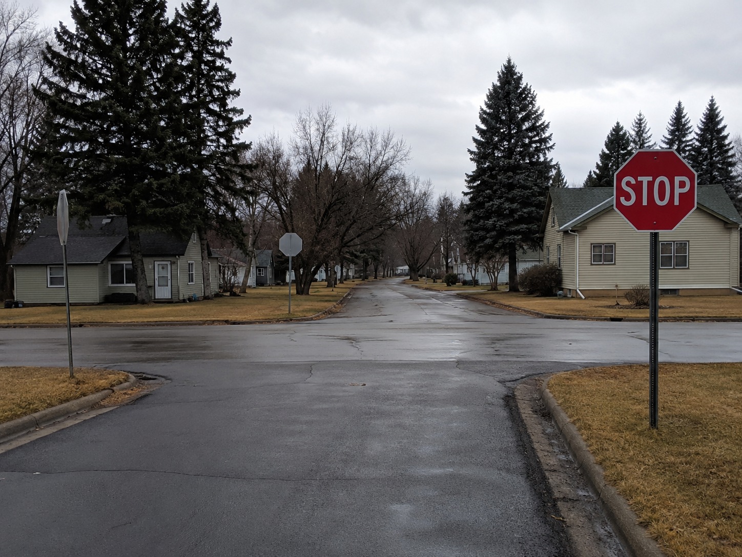 The corner of Birch & Second, where the nearest stop sign faces the camera, the far sign shows its back, and the left sign shows only its edge.