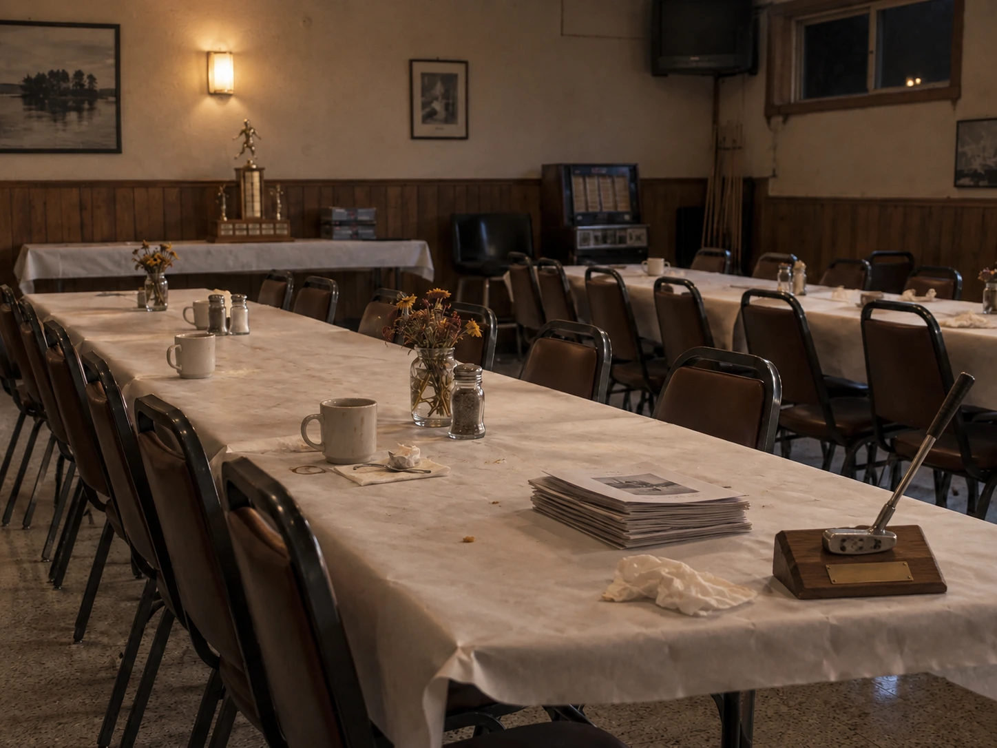 The Northern Tap banquet room after the men's-league banquet, with the small traveling trophy left on a table.