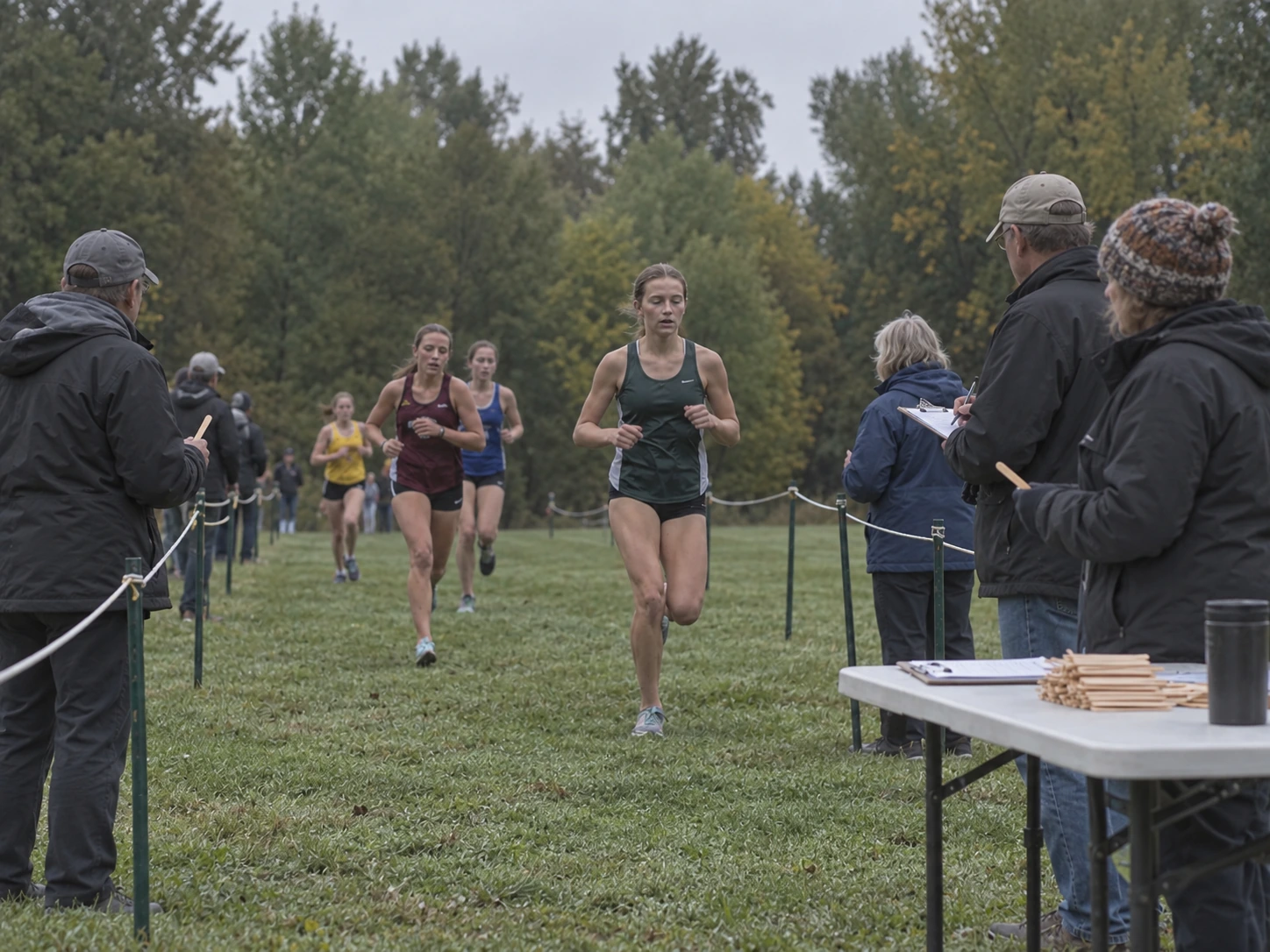 Volunteers work the finish chute at Pike's home cross-country meet.