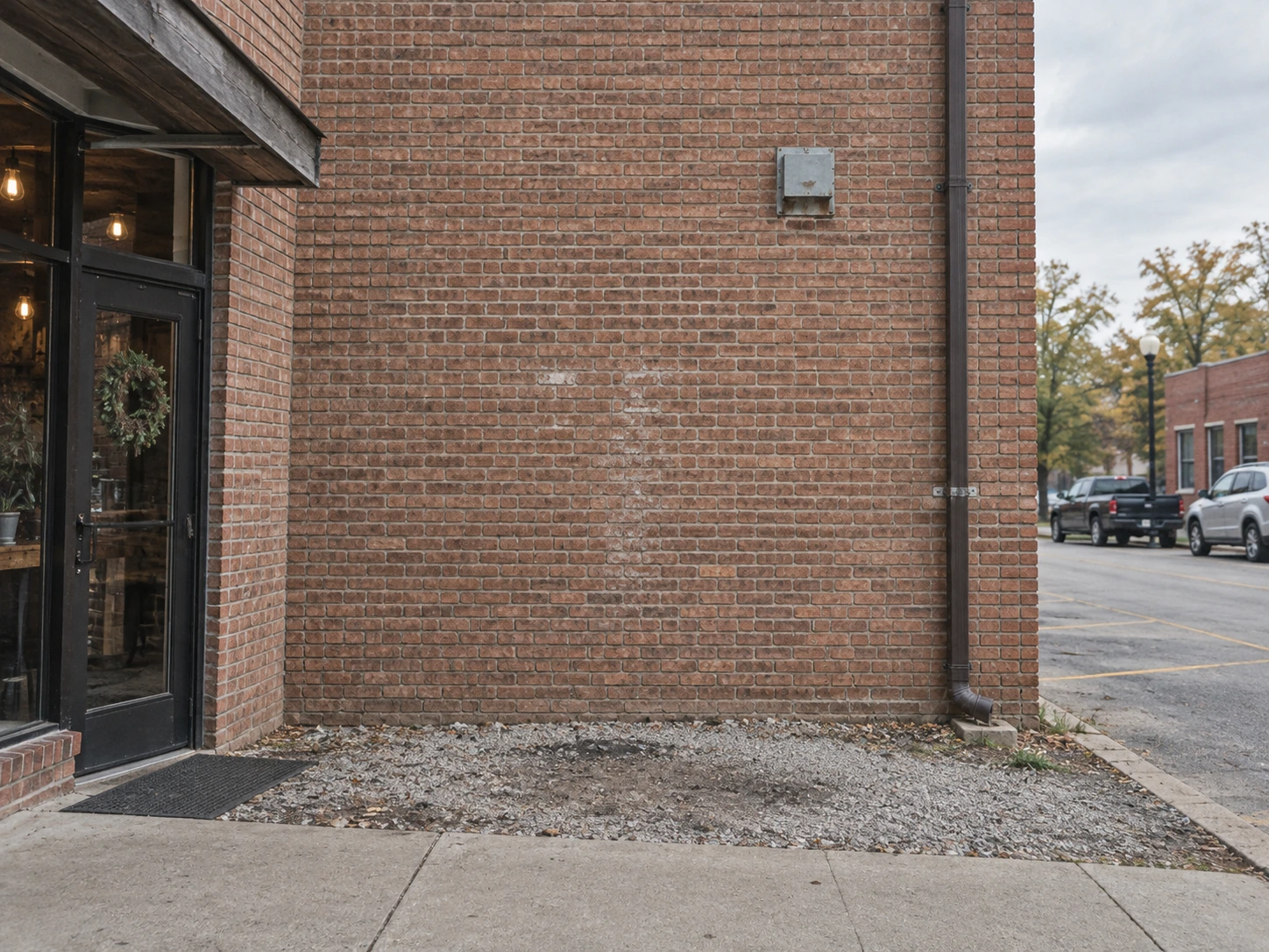 The blank brick wall at Mud Lake Brewing after the disputed ladder was removed.