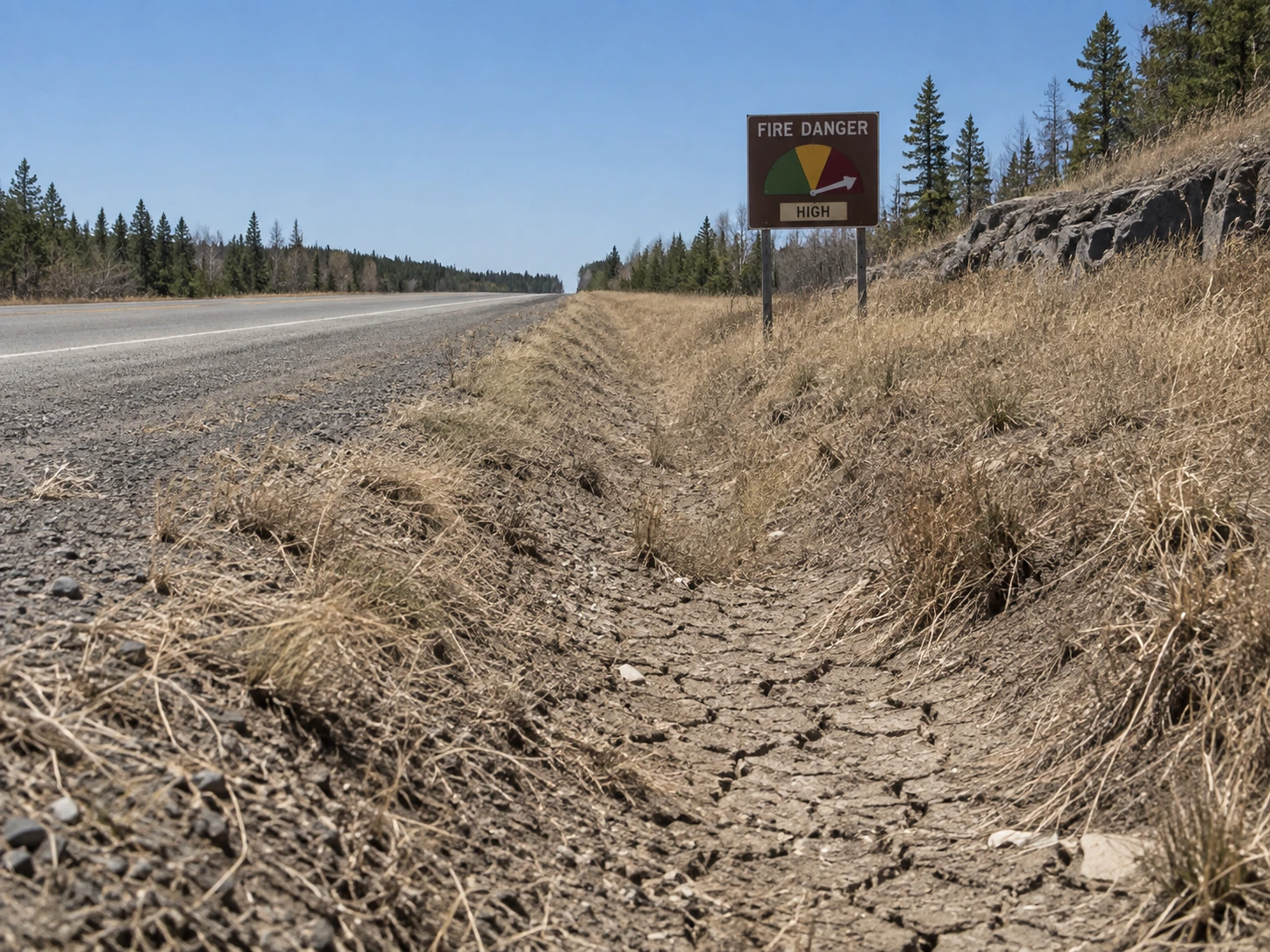 A dry county-road ditch and a fire-danger sign during Misquah's late-September dry spell.