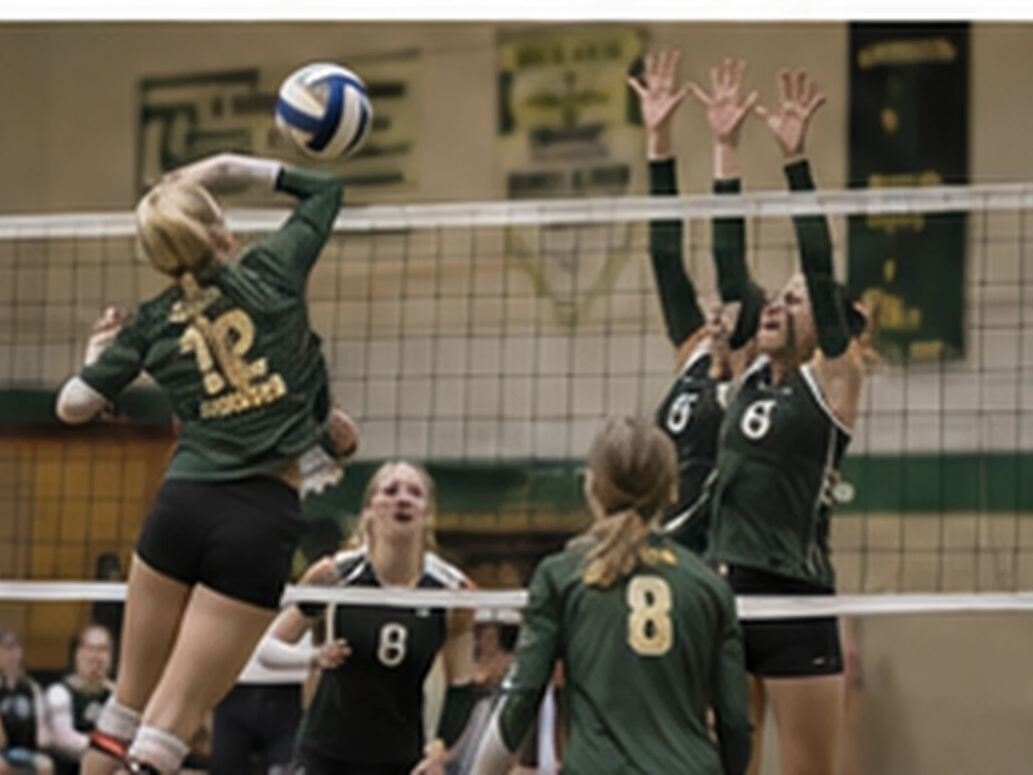 Pike volleyball players in green and gold during a rally