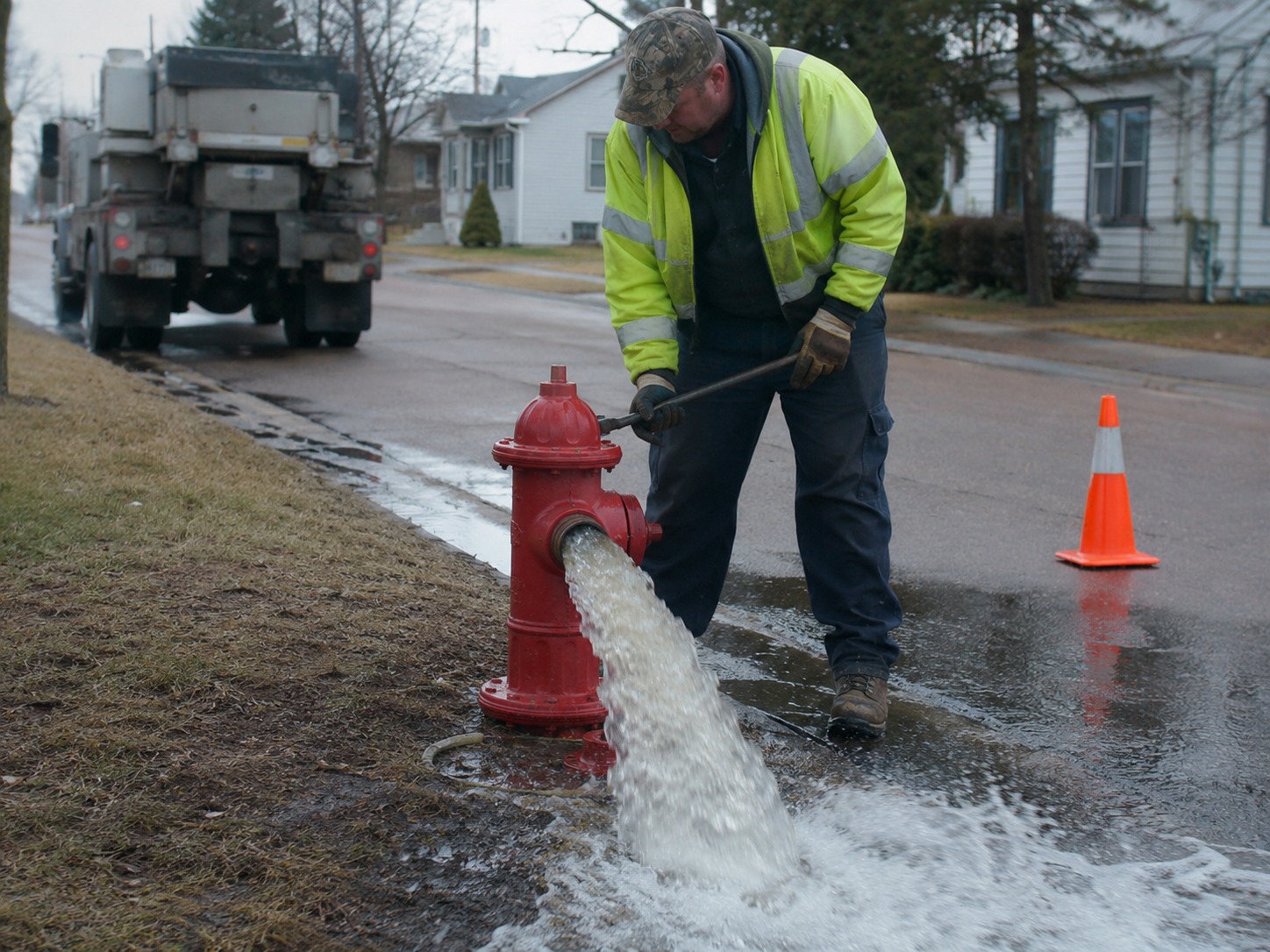 A public works employee flushes a hydrant as water runs into the street.