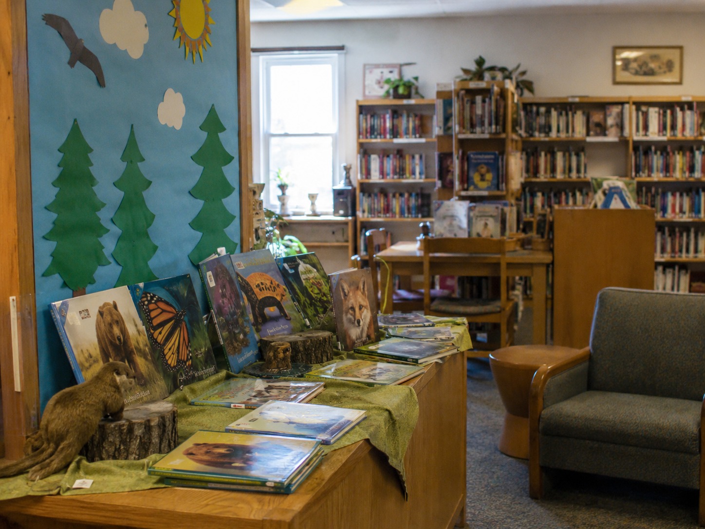 A nature-themed reading display stands ready inside the Misquah public library.