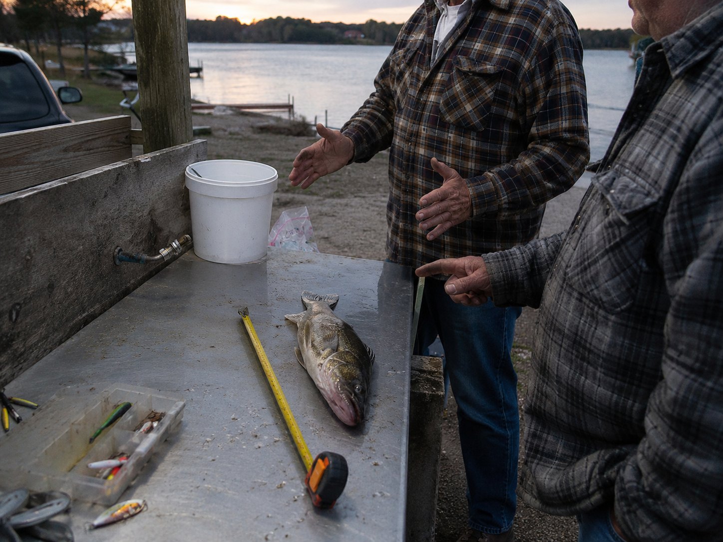 The cleaning station behind Tim’s remains the unofficial courthouse for midsummer fishing claims.
